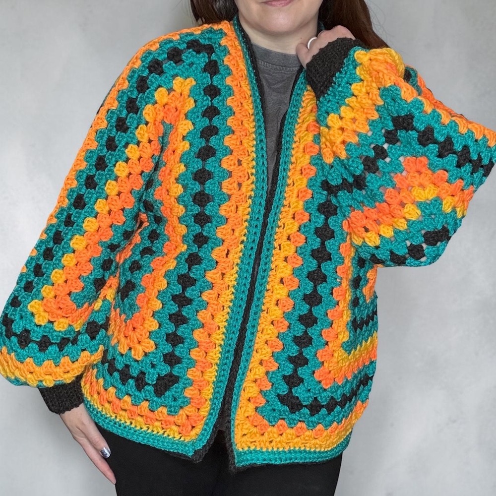 Handmade Multicolor Crochet Granny Hexagon Cardigan Women XL/2XL Oversized Boho